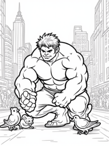 A coloring page of Hulk protecting urban wildlife