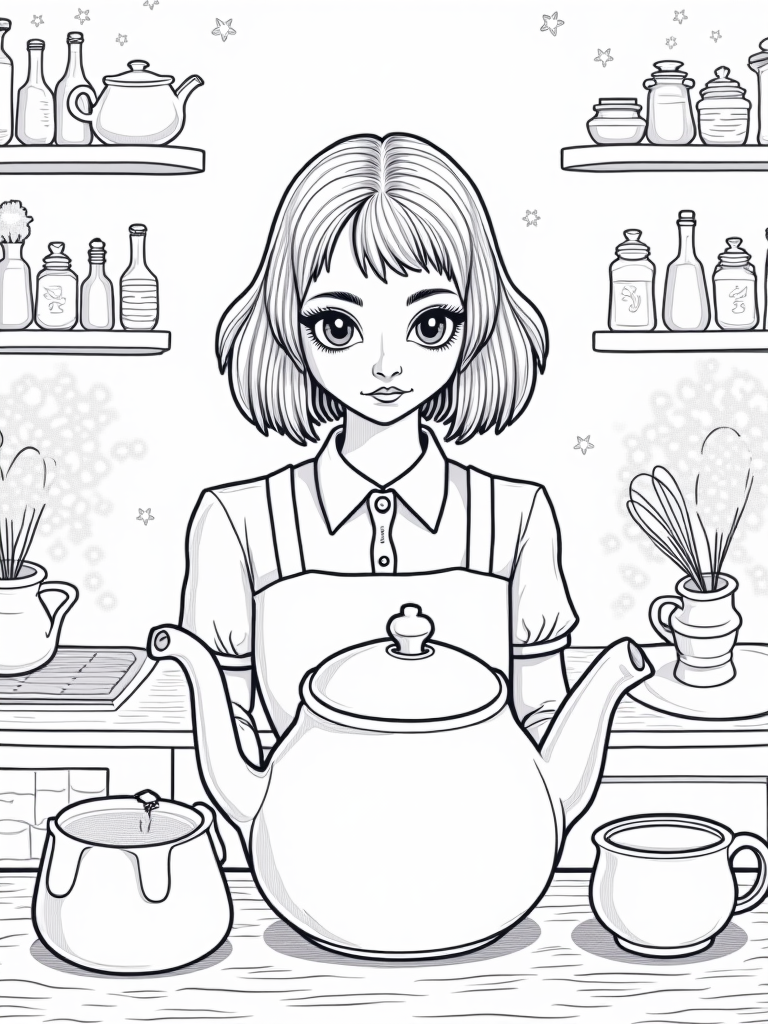 Wednesday Addams in a mystical kitchen coloring pages