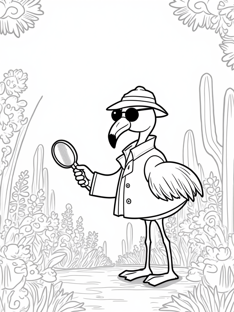 Flamingo detective in a garden