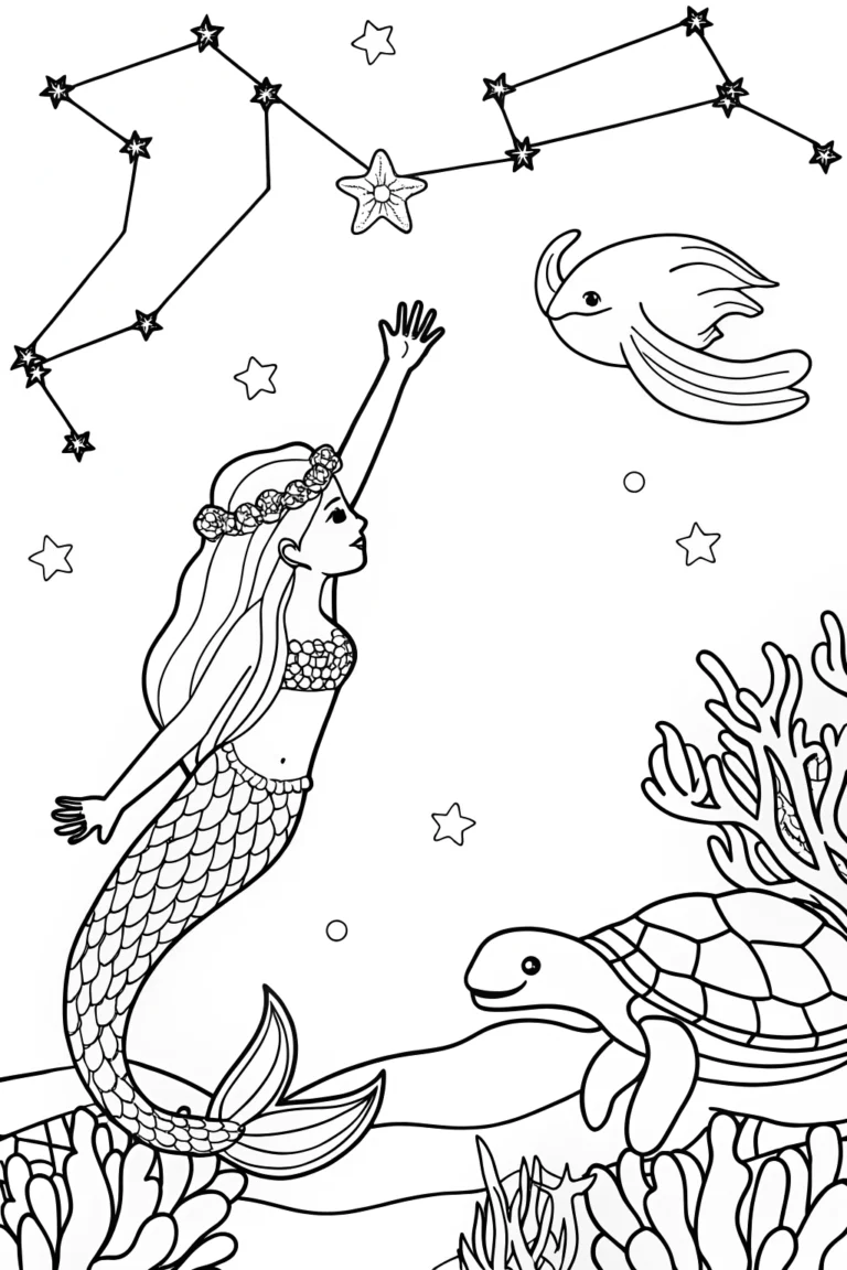 Mermaid exploring the night sky coloring pages