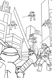 A coloring page of Ninja Turtles tech wizards battle