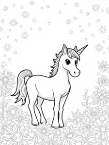 A coloring page of Unicorn in a magical garden