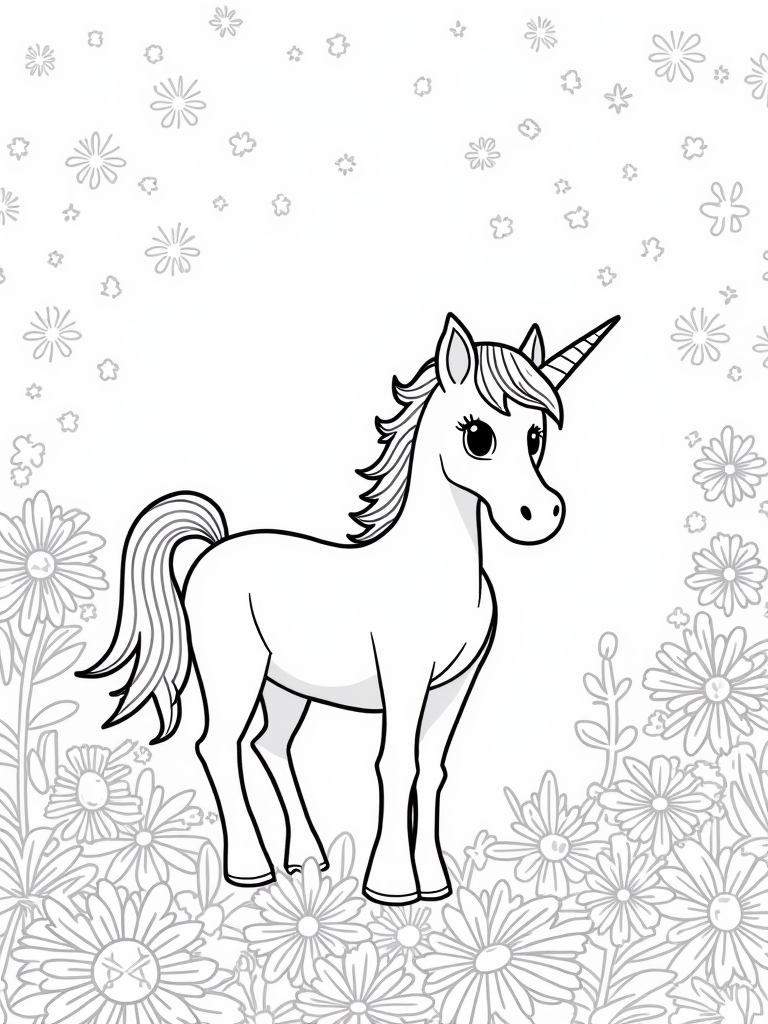 Unicorn in a magical garden coloring pages