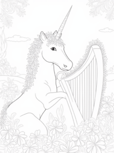 A coloring page of Unicorn playing music in a garden