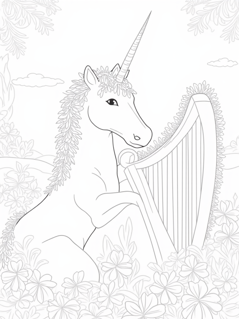 Unicorn playing music in a garden coloring pages