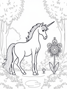 A coloring page of Unicorn discovering a time machine