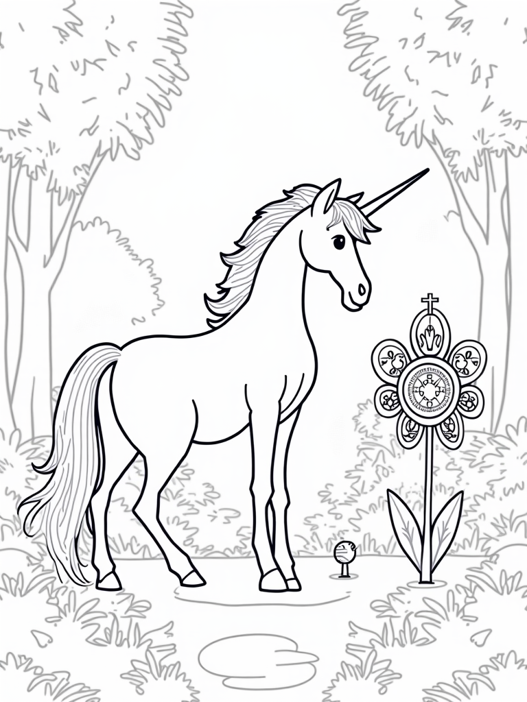 Unicorn discovering a time machine coloring pages