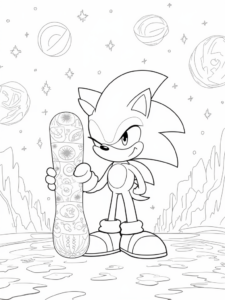 A coloring page of Super Sonic in his workshop