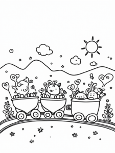 A coloring page of Love train on a happy journey