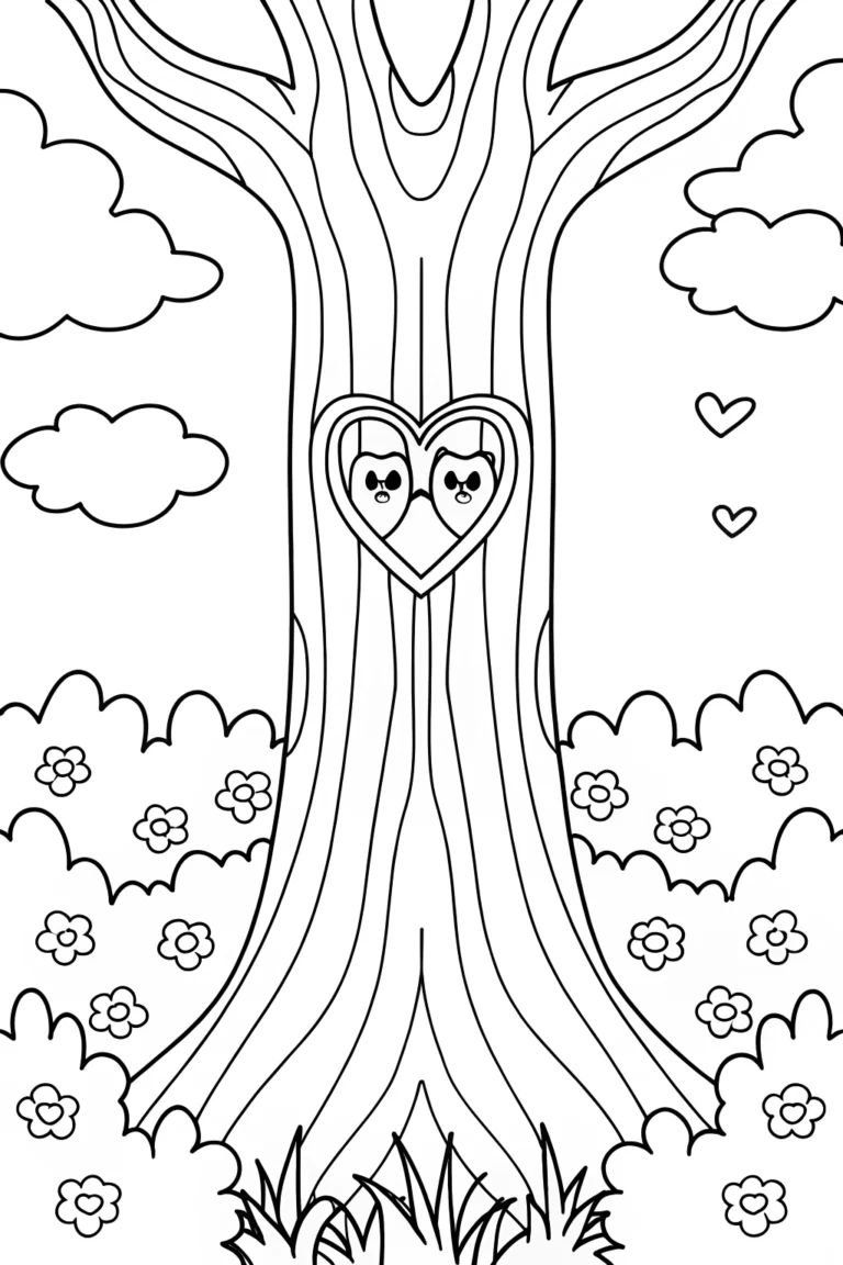 Lovebirds in a heart tree coloring pages