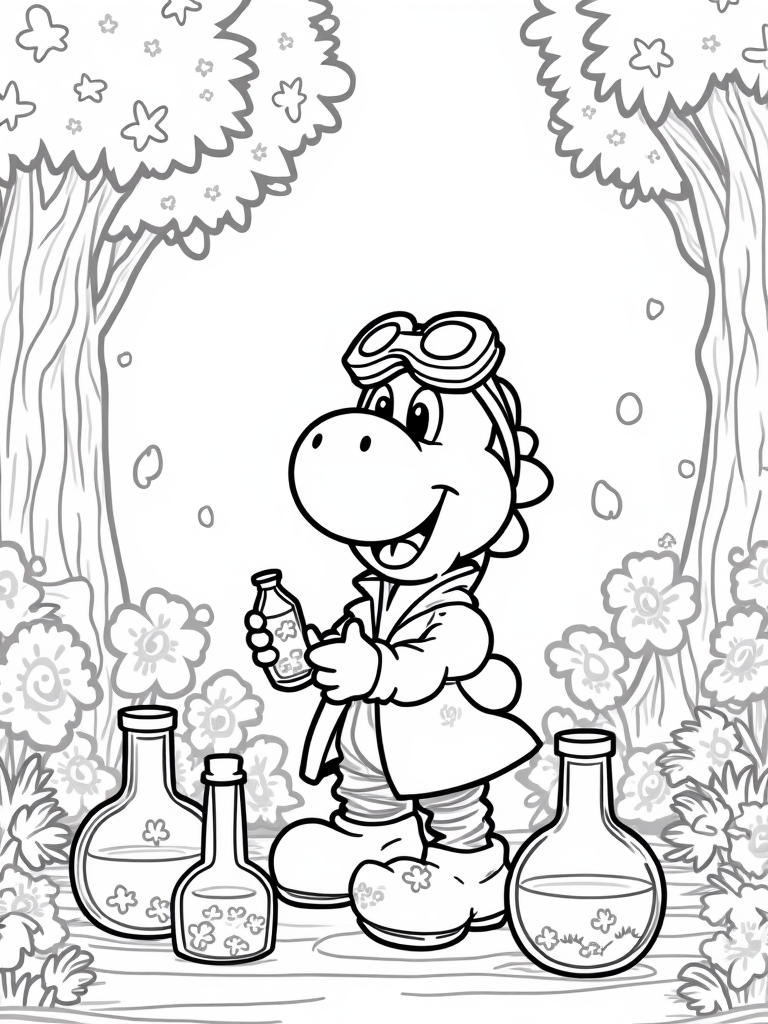 Yoshi making potions in the forest coloring pages
