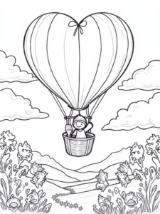 A coloring page of Love potion delivery by hot air balloon
