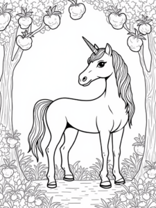 A coloring page of Unicorn in the enchanted orchard