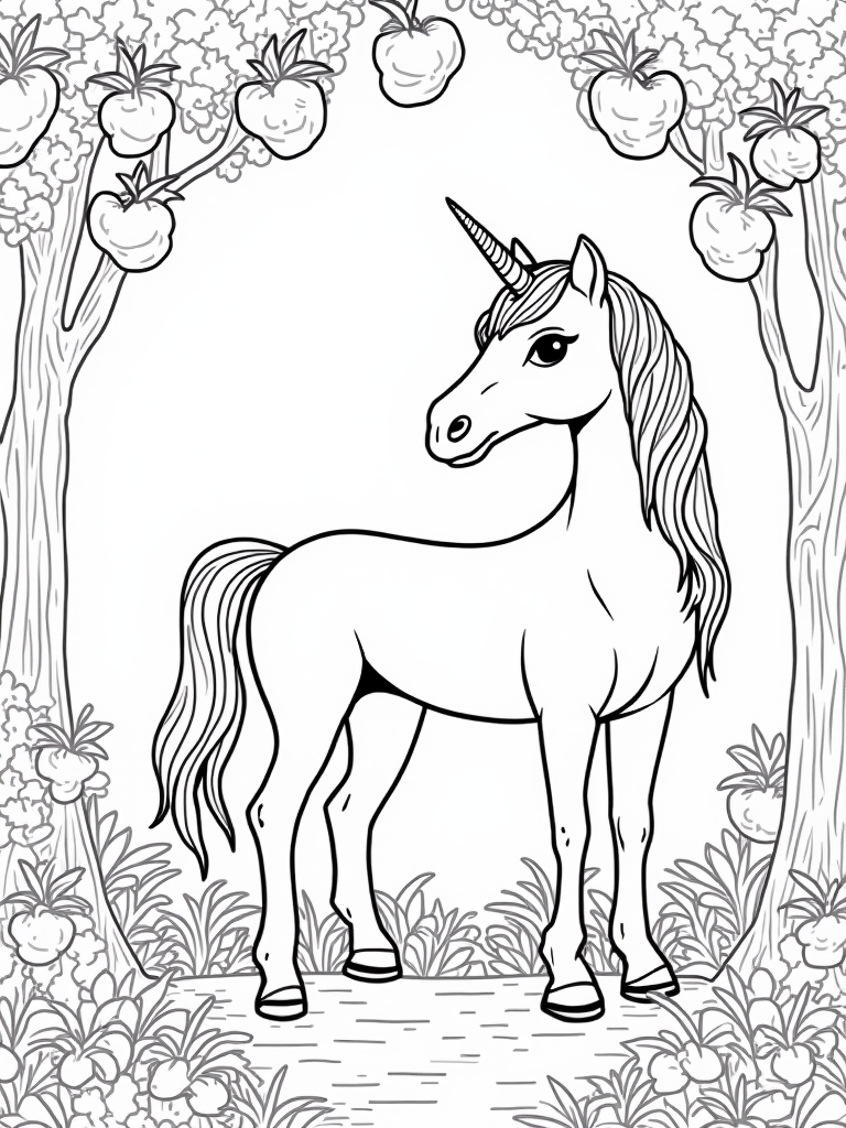 Unicorn in the enchanted orchard coloring pages