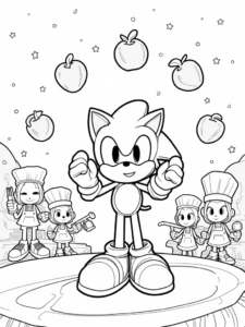 A coloring page of Super Sonic cooking in space