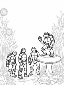 A coloring page of Teenage Mutant Ninja Turtles explore