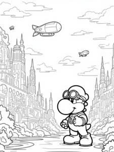 Yoshi in a steampunk city