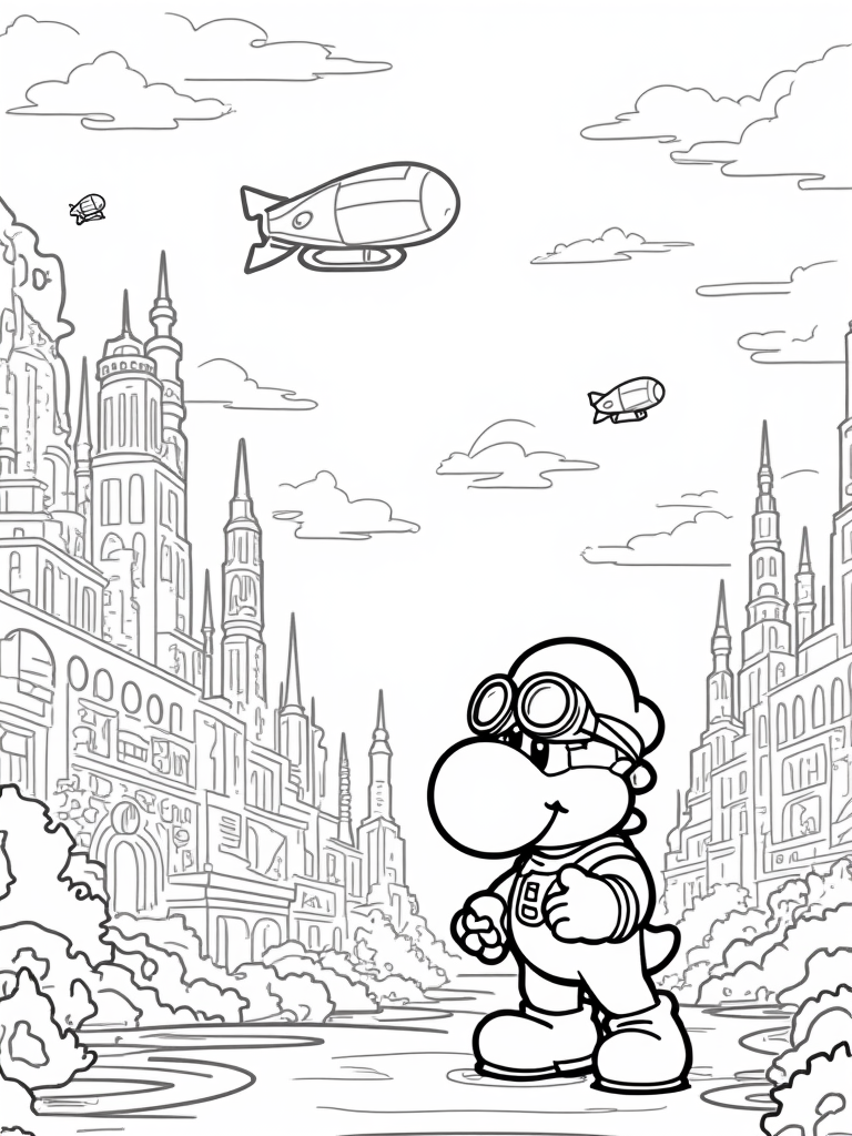 Yoshi in a steampunk city