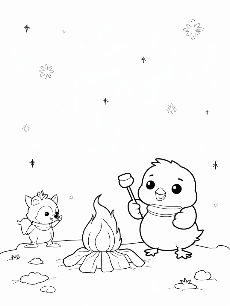 Chick roasting marshmallows by the fire