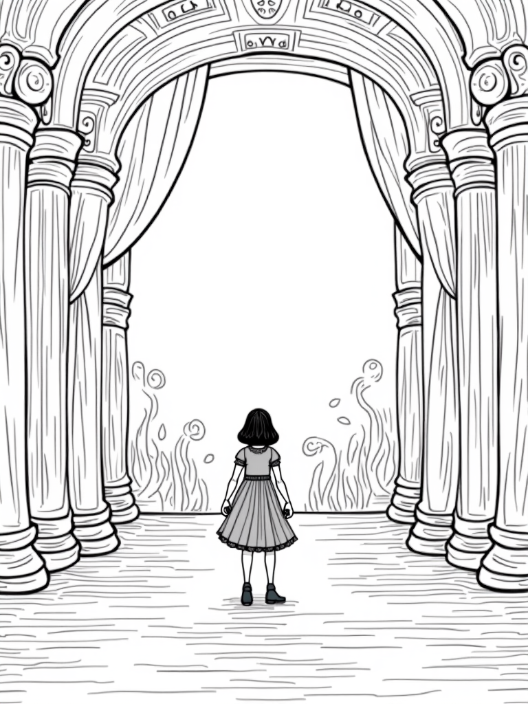 Wednesday Addams in an ancient theater coloring pages
