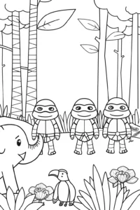 A coloring page of Teenage Mutant Ninja Turtles in the jungle