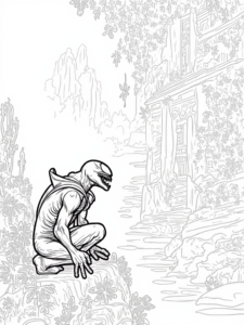 A coloring page of Venom exploring a glowing underworld