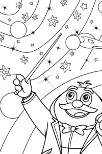 A coloring page of Super Sonic conducting an orchestra