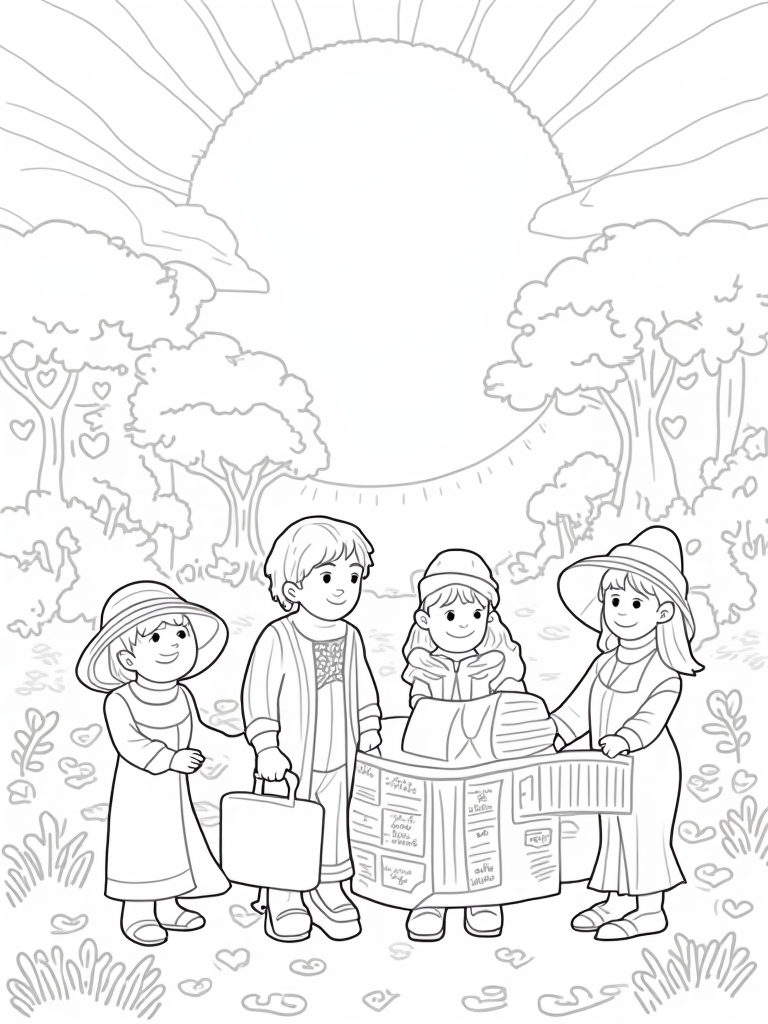 Kids discovering a time capsule coloring pages