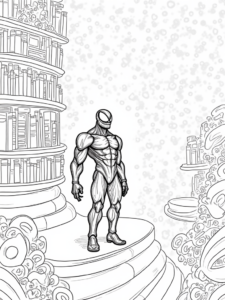 A coloring page of Venom as a cosmic librarian