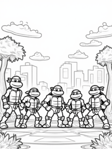 A coloring page of Teenage Mutant Ninja Turtles stand tall