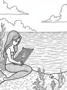 A coloring page of Mermaid weaving a tapestry