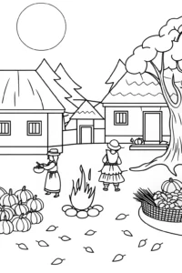 A coloring page of Harvest celebration in the village