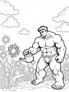 A coloring page of Hulk watering a giant flower