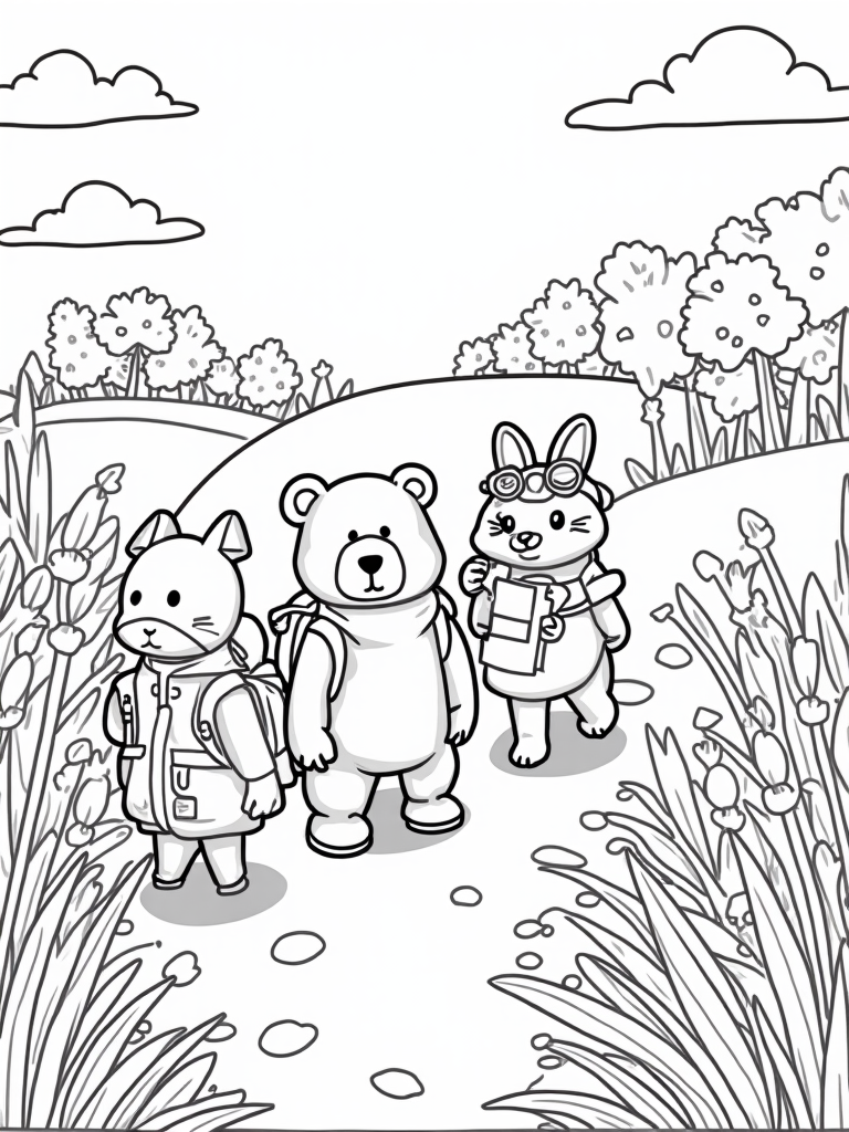 Animals hiking in a colorful landscape