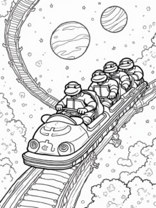 A coloring page of Teenage Mutant Ninja Turtles rollercoaster