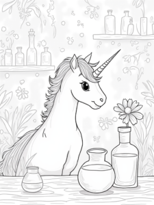 A coloring page of Unicorn exploring a magical lab