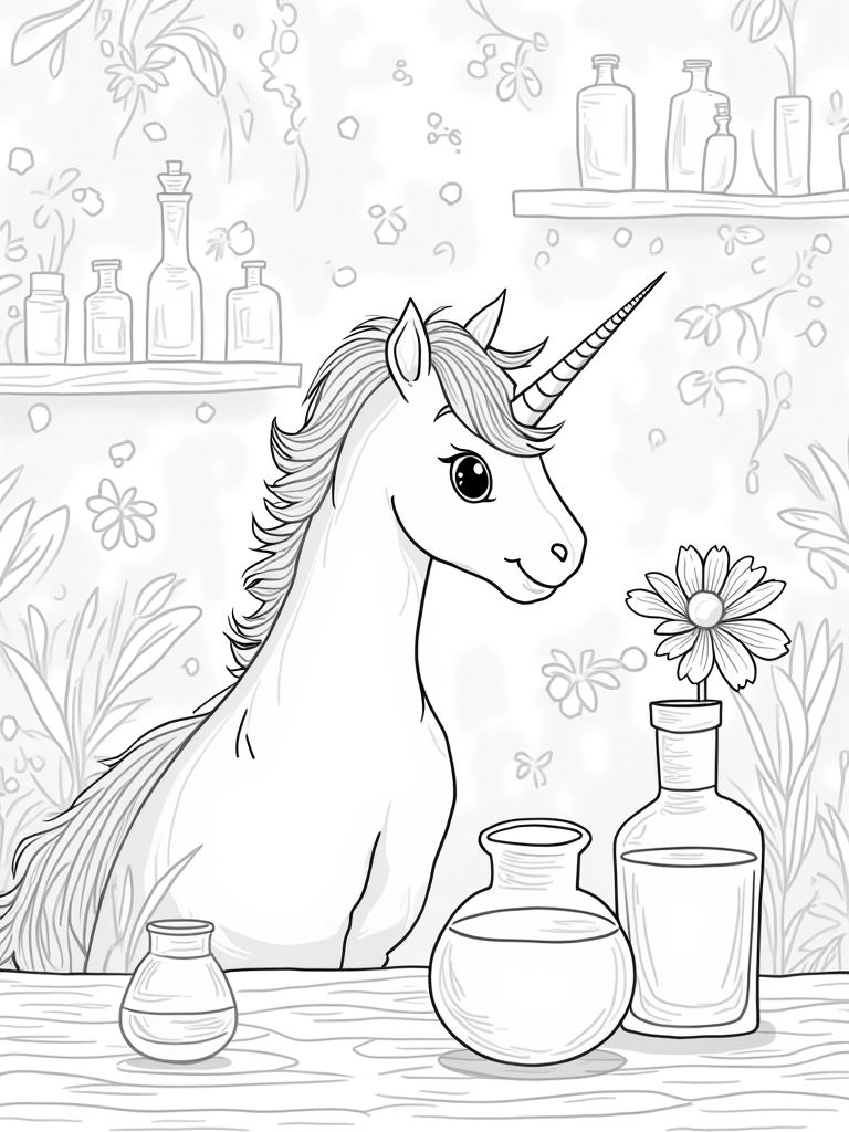 Unicorn exploring a magical lab coloring pages