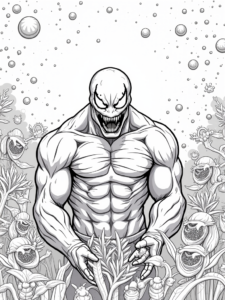 A coloring page of Venom in a cosmic garden
