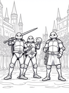 A coloring page of TMNT in a medieval tournament