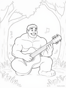 A coloring page of Hulk playing guitar in the forest