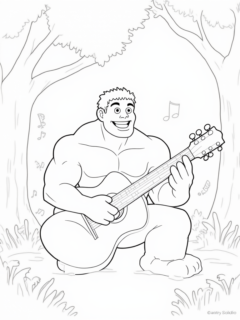 Hulk playing guitar in the forest