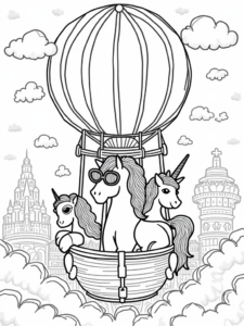 A coloring page of Unicorn in a hot air balloon