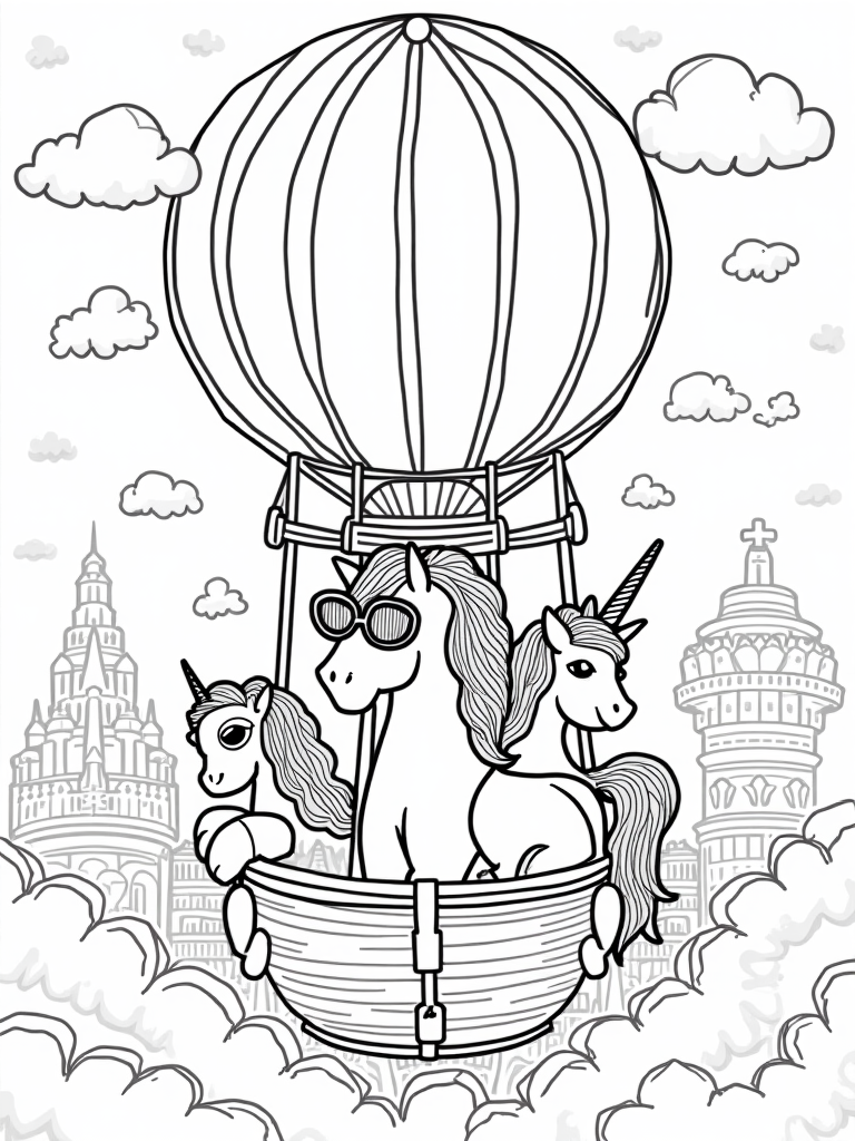 Unicorn in a hot air balloon coloring pages