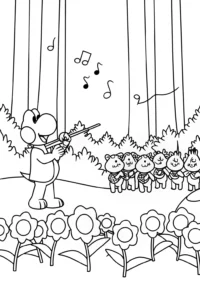 A coloring page of Yoshi conducting a forest orchestra