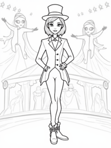A coloring page of Wednesday Addams at the circus