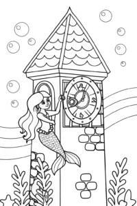 A coloring page of Mermaid adjusting the coral clock
