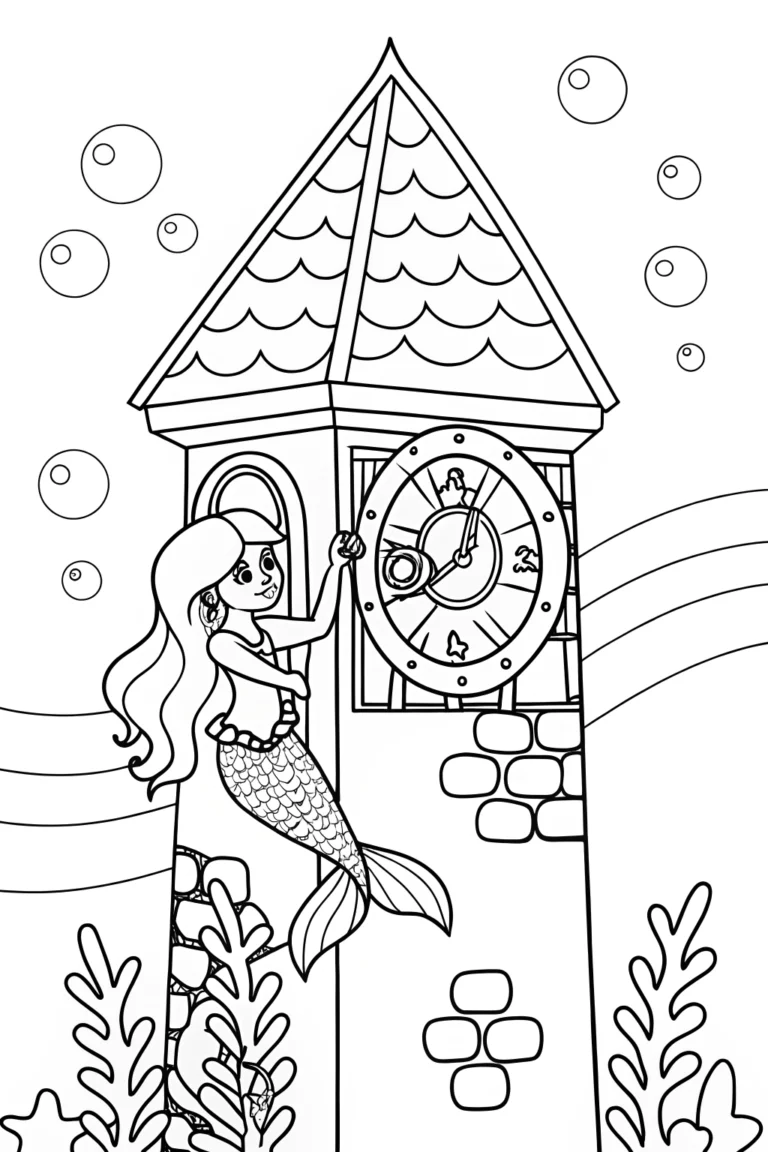 Mermaid adjusting the coral clock coloring pages