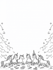 A coloring page of Unicorns crafting musical instruments