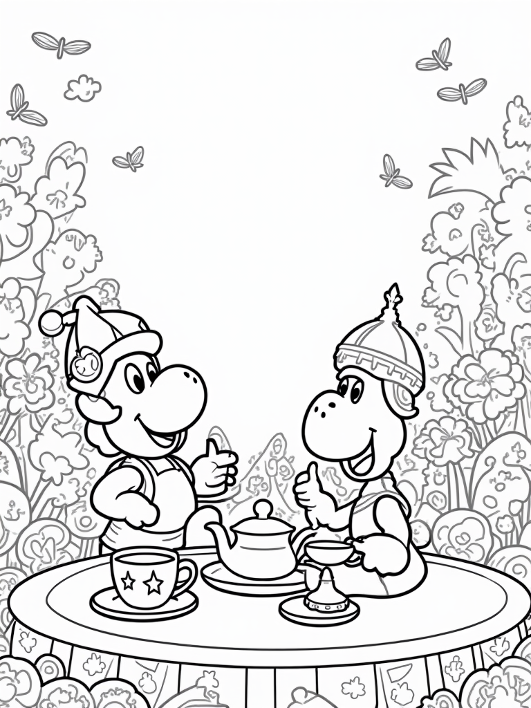 Yoshi’s tea party with friends coloring pages