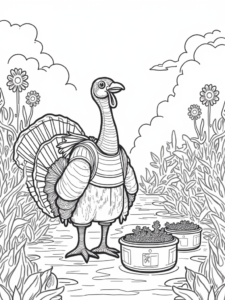 A coloring page of Turkey in a futuristic garden